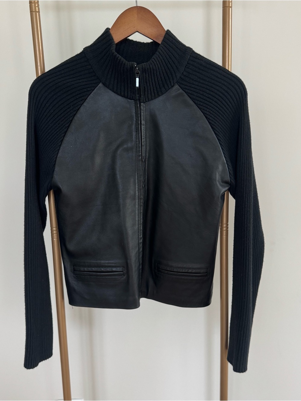 Black Leather Front Zip Jacket with Ribbed Knit Sleeves